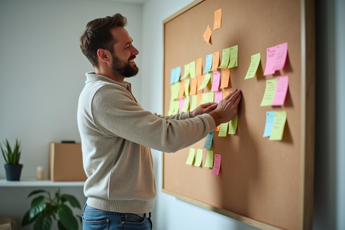 Homme organisant des notes colorées sur un tableau