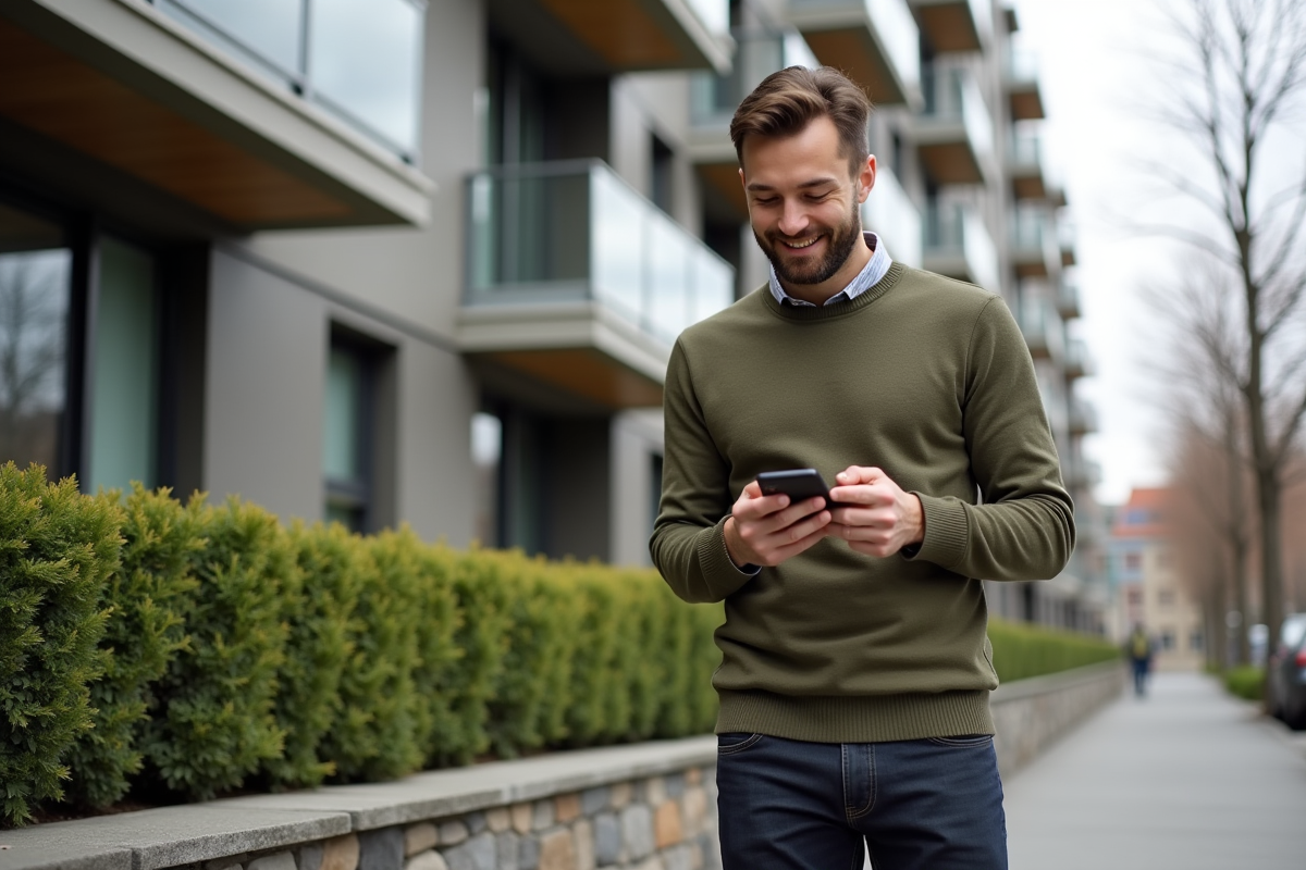 Homme décontracté regardant son smartphone devant un immeuble urbain