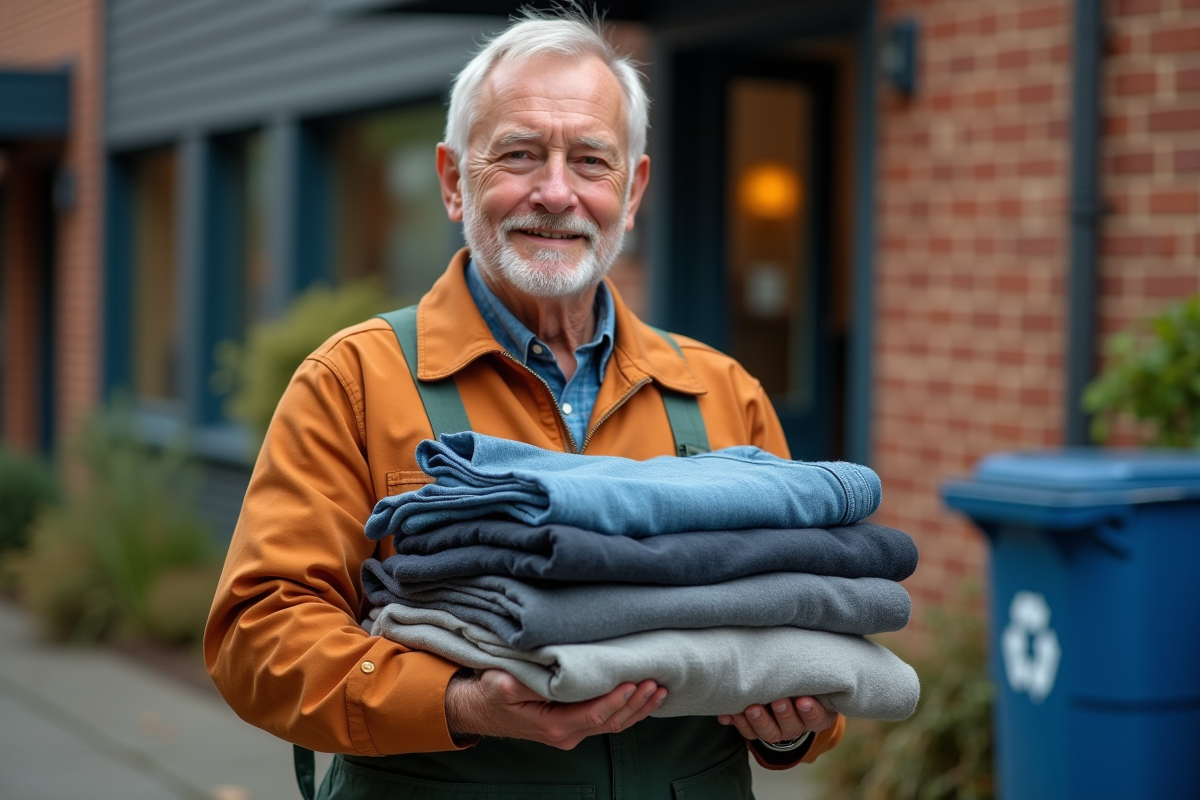 Homme souriant tenant des vêtements durables devant une usine urbaine