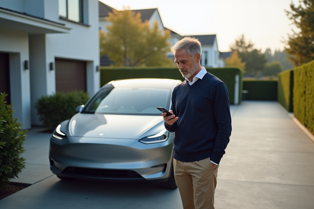 Homme vérifie navigation près voiture électrique