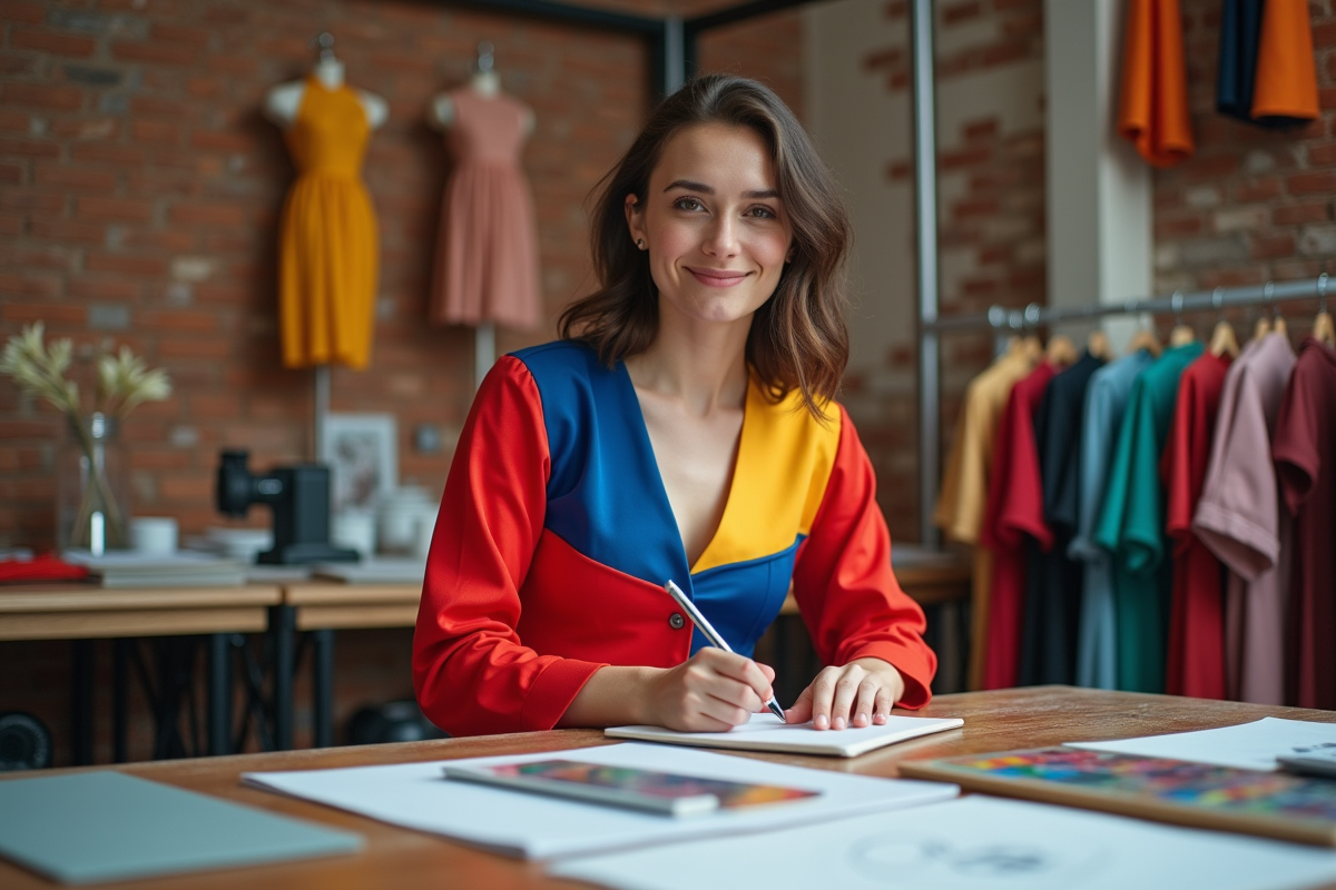 Jeune créatrice de mode esquissant dans son atelier coloré