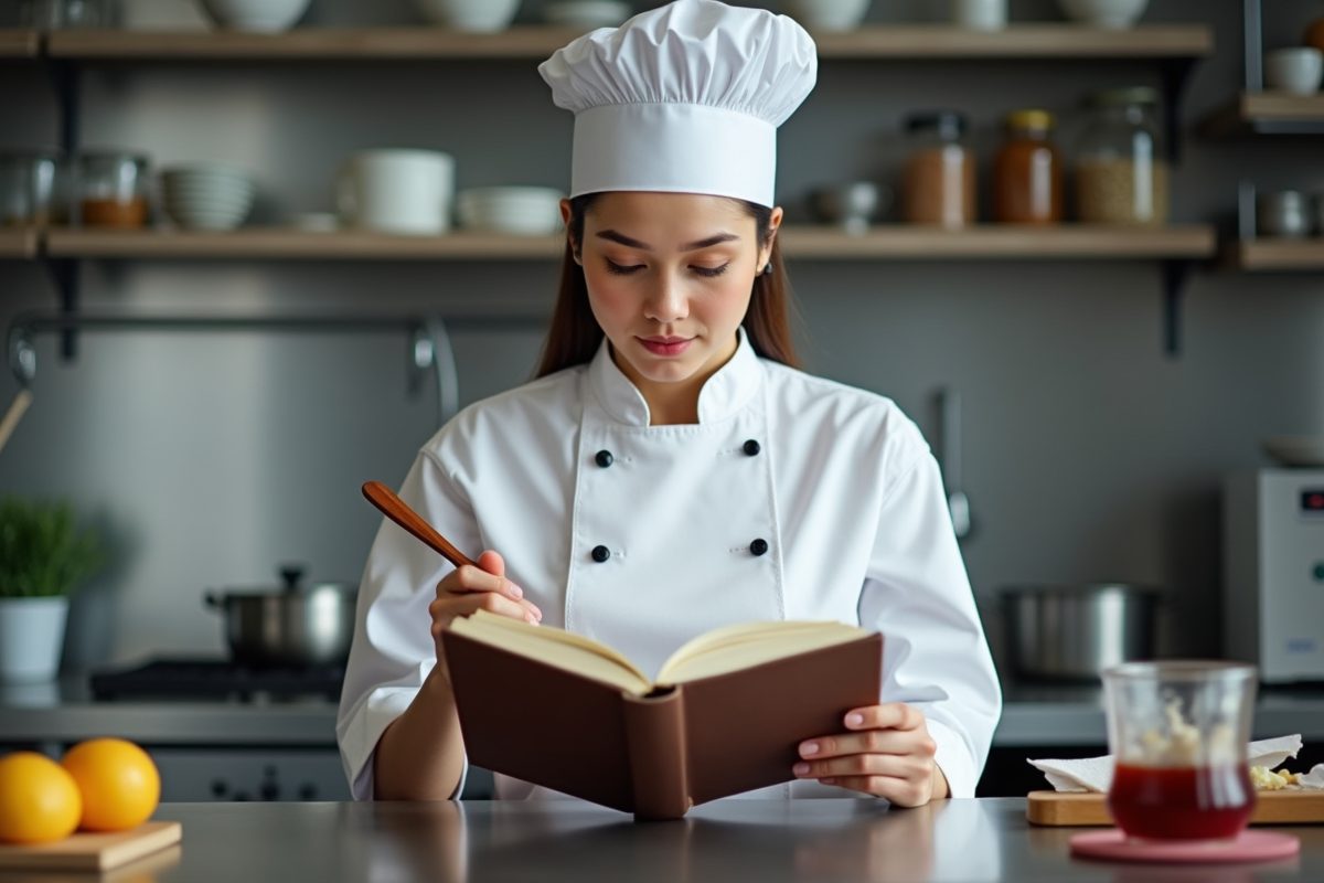 Étudiante en cuisine préparant une sauce française