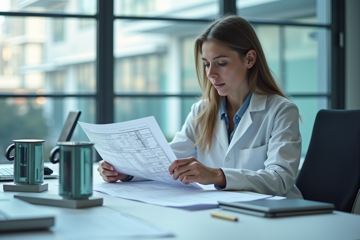 Jeune femme scientifique examinant un plan dans une salle moderne