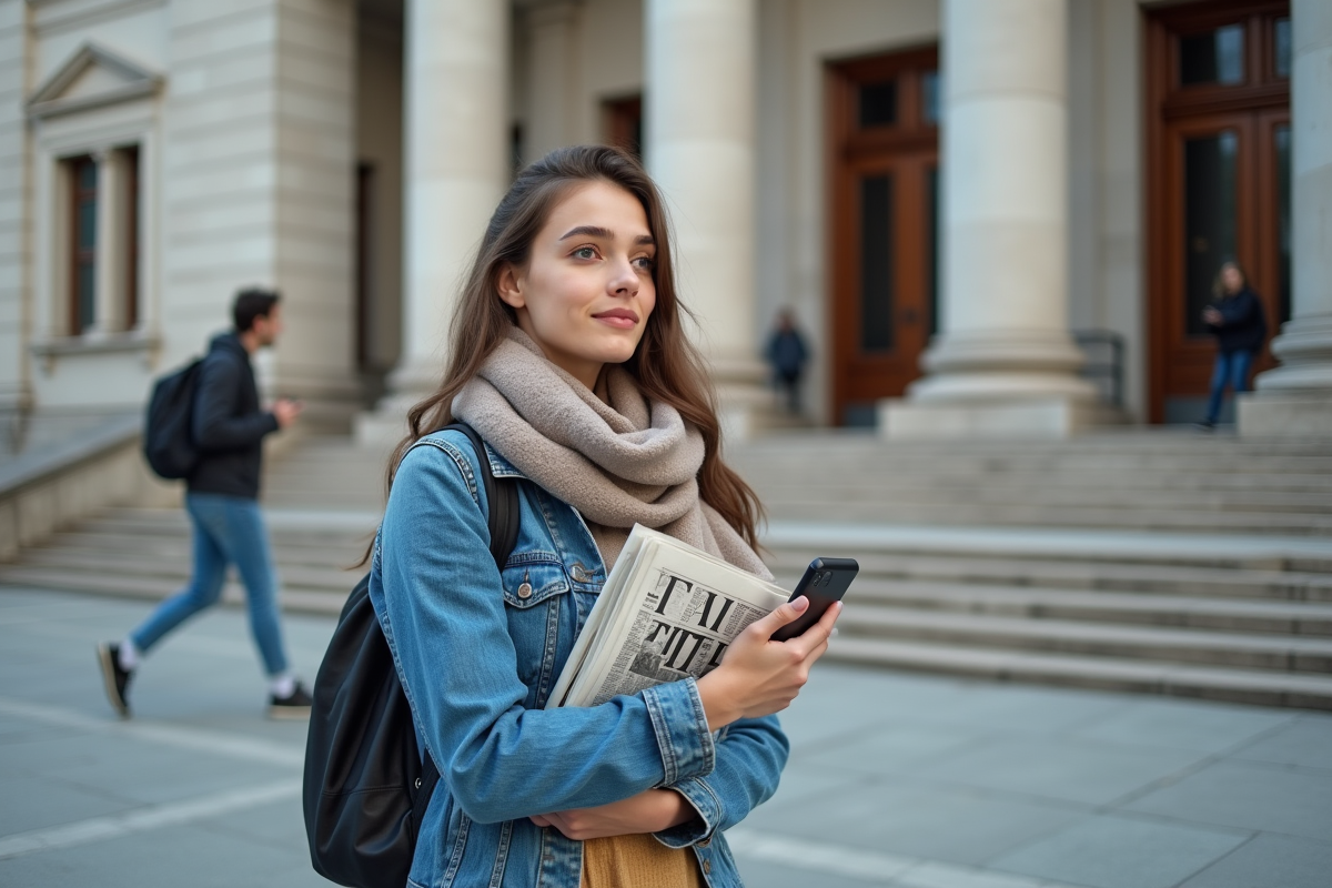 Jeune femme avec journal et smartphone devant un bâtiment officiel