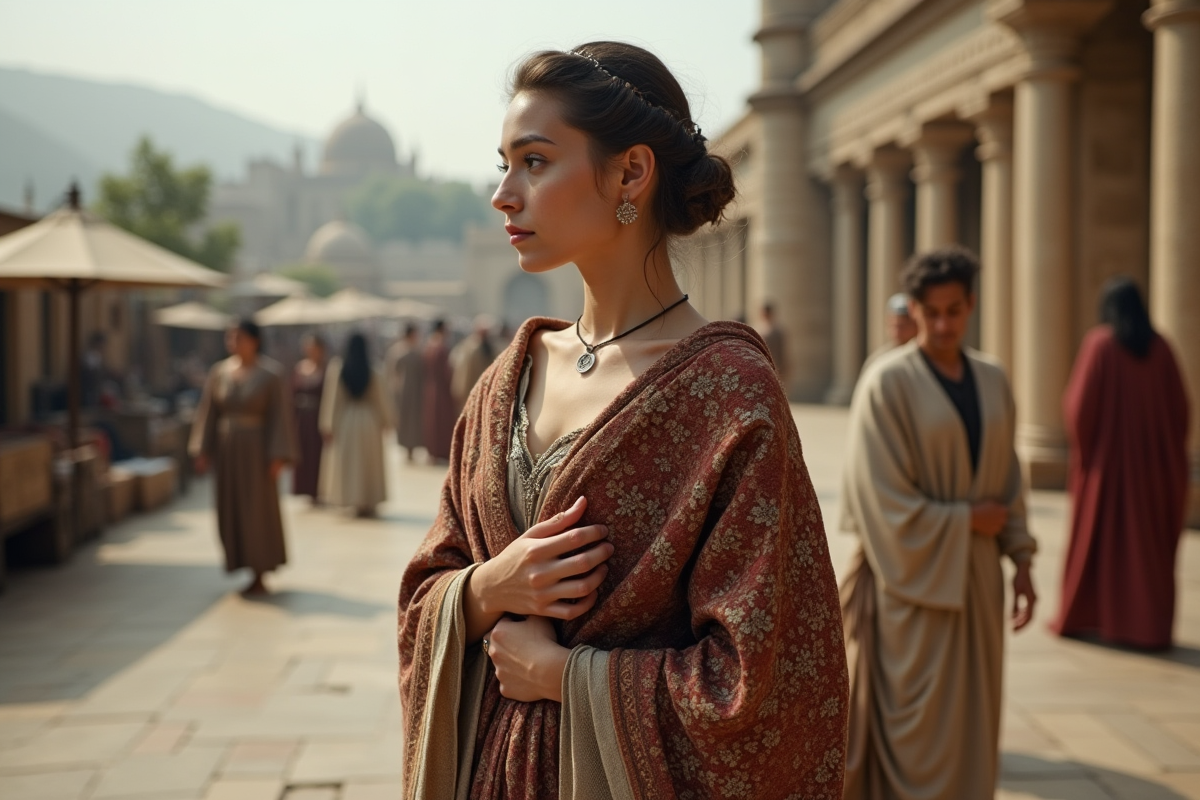 Jeune femme ajustant une étole brodée dans un marché ancien