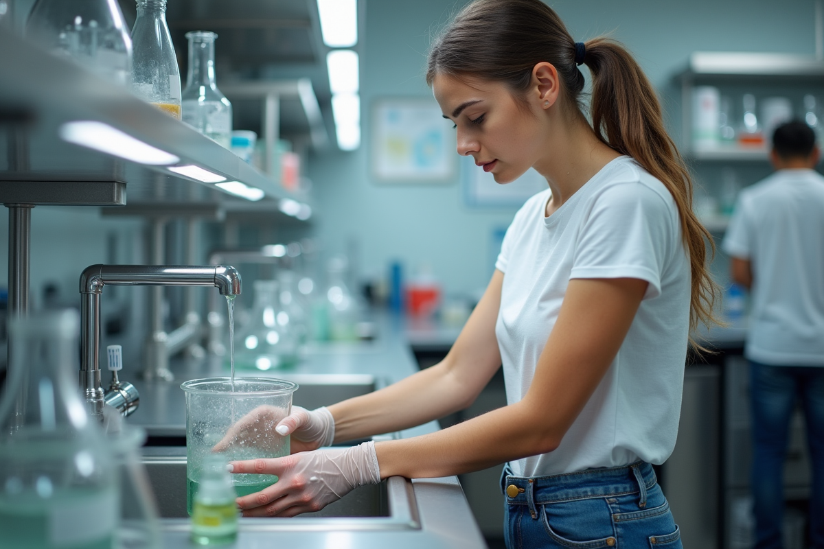 Jeune femme inspectant des verres en laboratoire