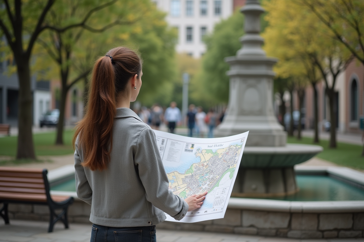 Jeune femme regardant une carte de zonage dans un parc urbain