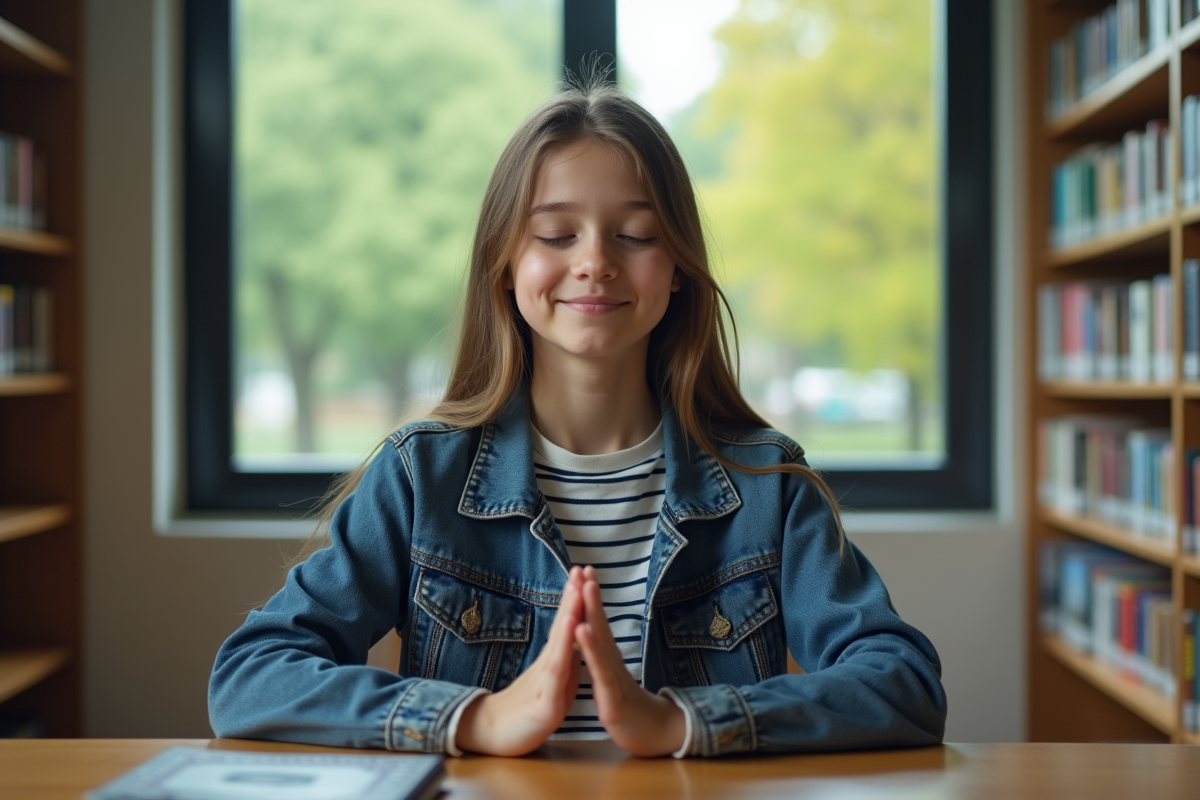 Jeune fille pratiquant la respiration en bibliothèque