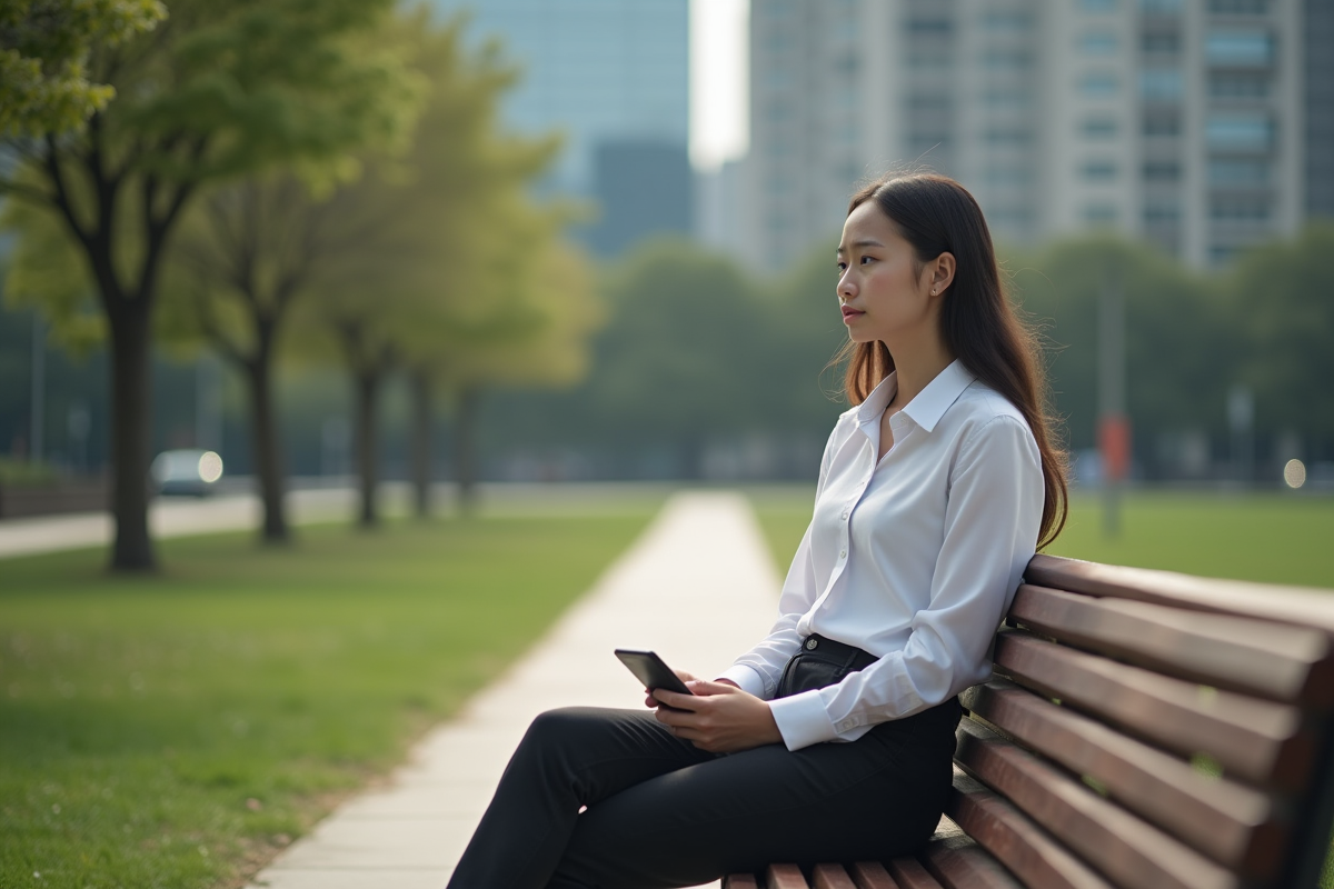 Jeune femme assise sur un banc de parc en réflexion