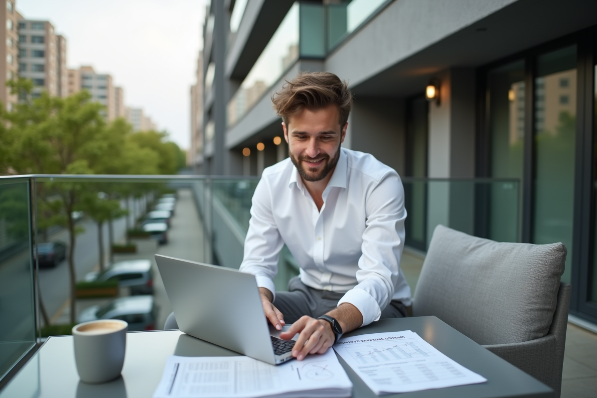 Jeune homme sur balcon consulte ses revenus locatifs