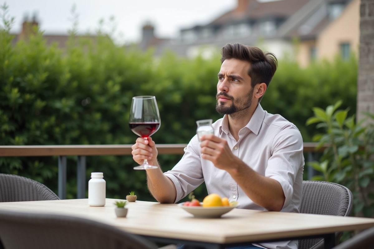 Jeune homme buvant vin et homeopathie en extérieur
