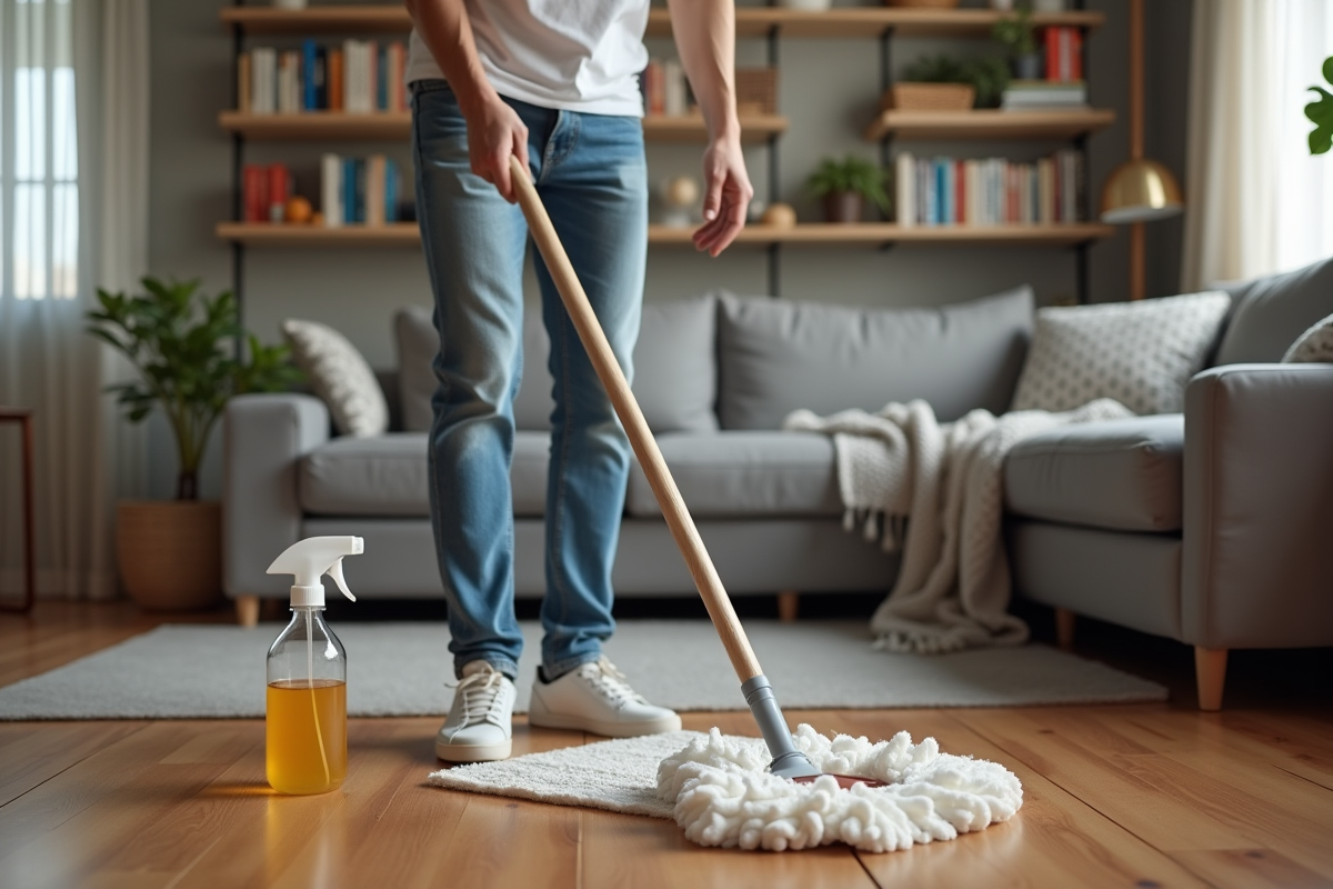 Jeune homme nettoie un parquet en bois avec un chiffon et une solution maison