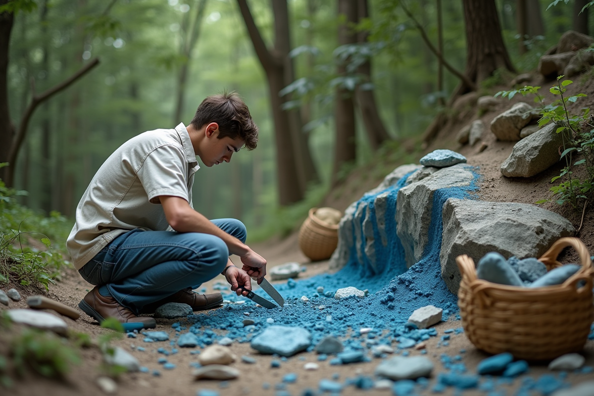 Jeune homme récoltant de la pigment bleu en forêt