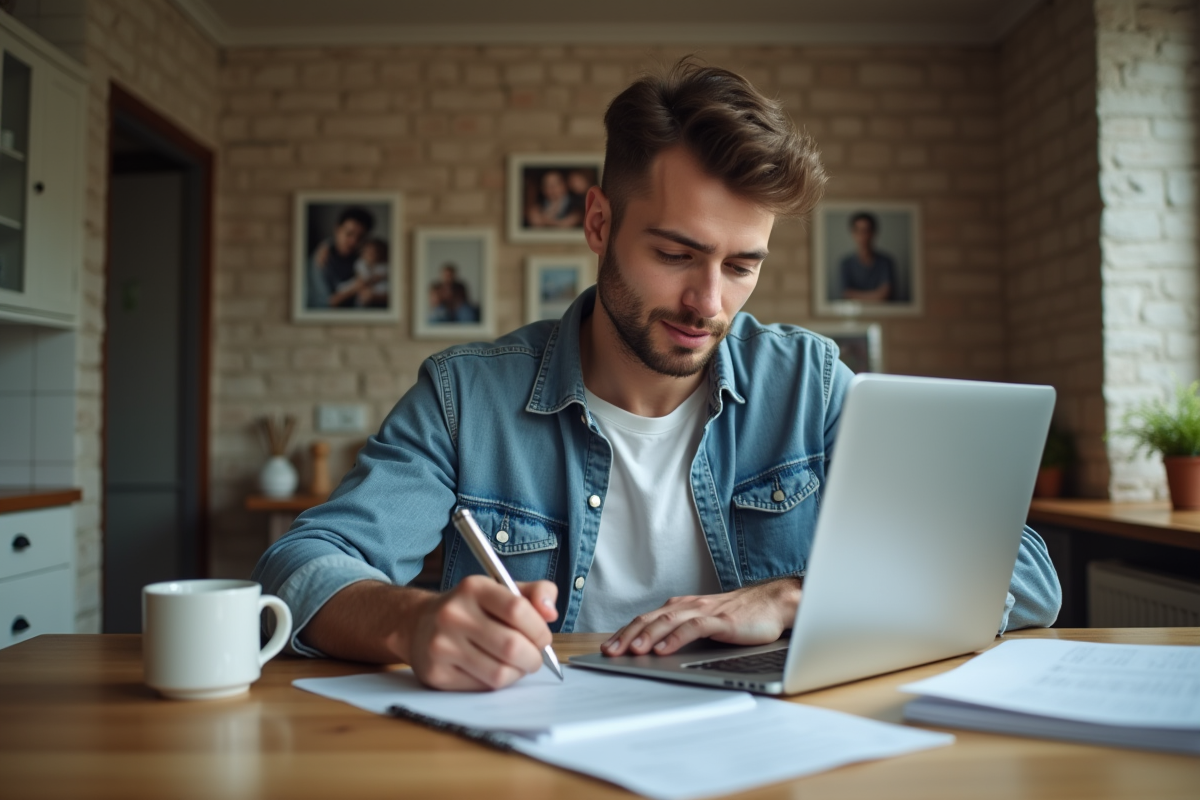 Jeune homme à la maison remplissant un formulaire sur la table