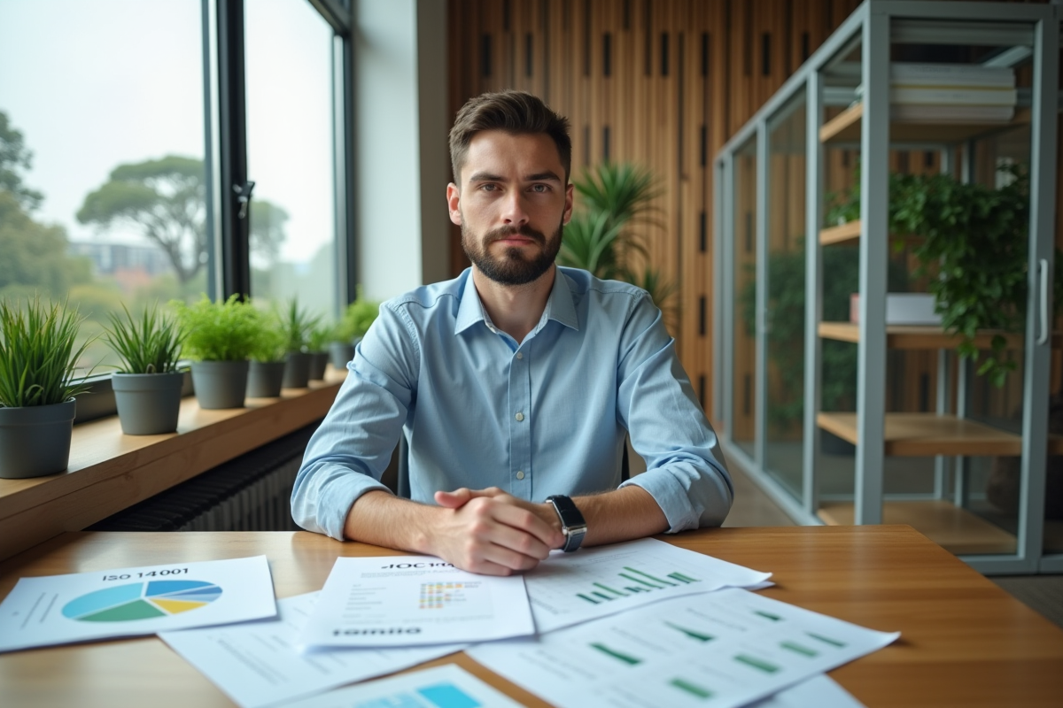 Jeune homme en gestion environnementale avec rapports ISO 14001