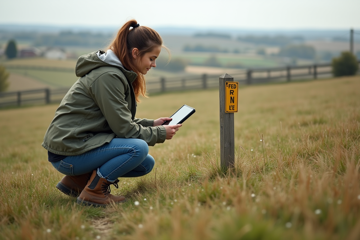 Jeune femme surveillante analysant un terrain avec tablette