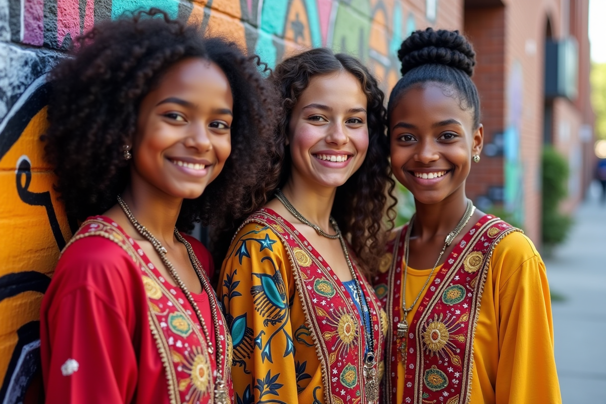 Trois adolescents en tenues traditionnelles devant un mural urbain