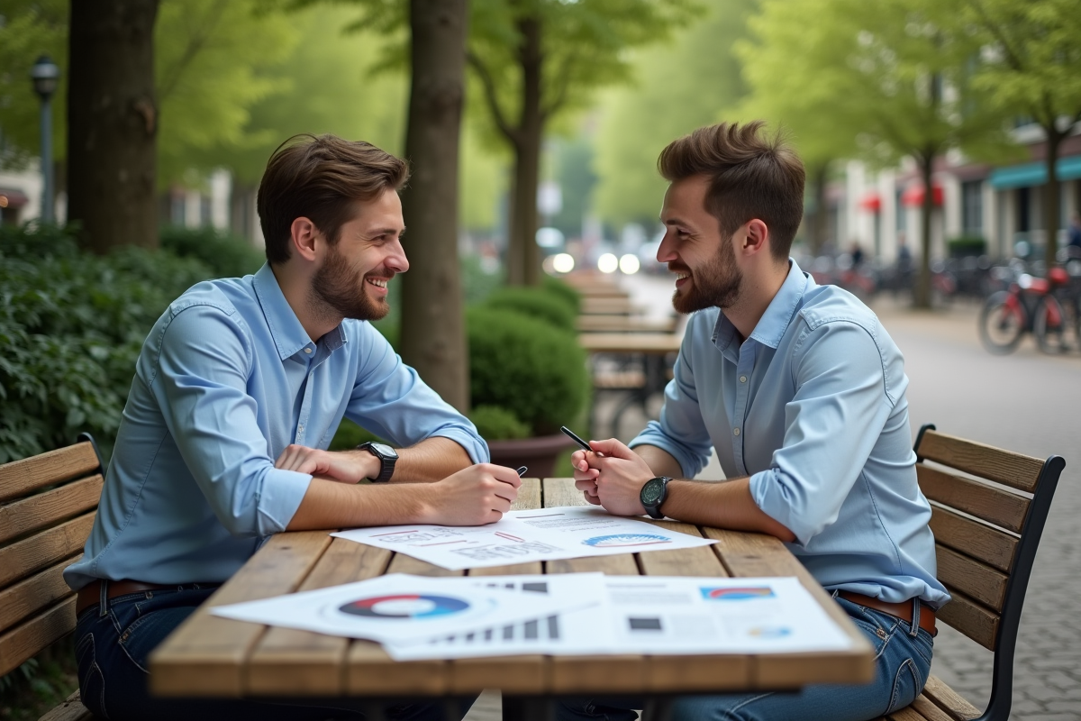 Deux jeunes hommes discutant avec infographies en café urbain