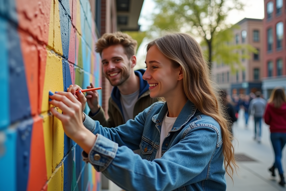Jeunes volontaires peignant un mural sur l