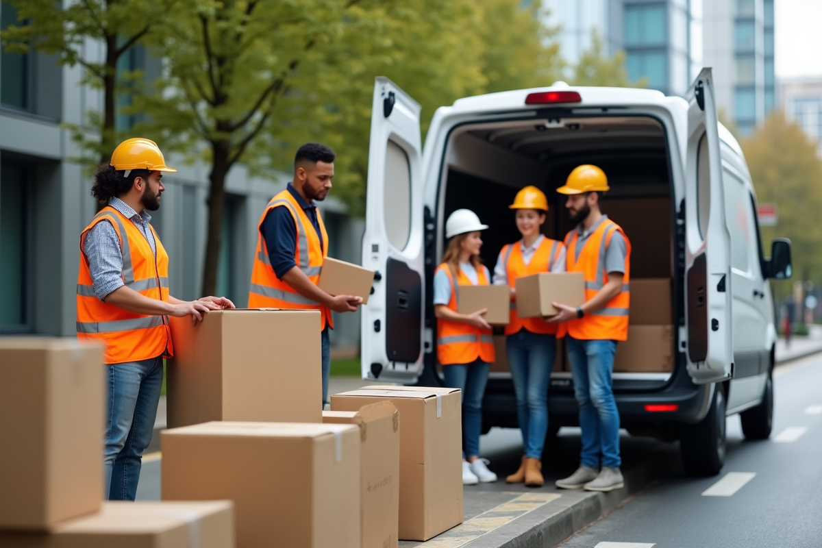 Groupe de livreurs divers organisant des colis en ville