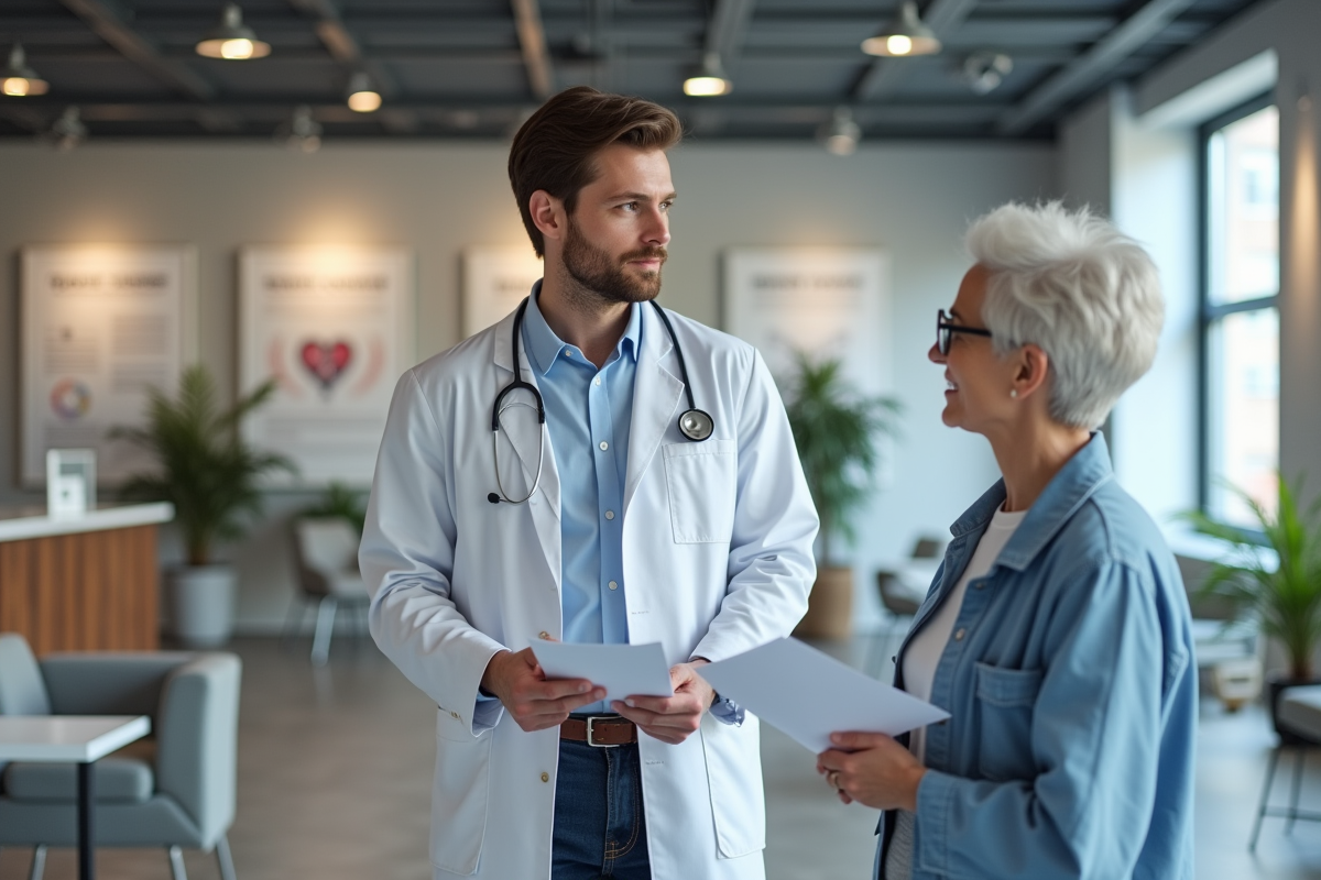 Médecin français discutant avec un patient dans un bureau moderne