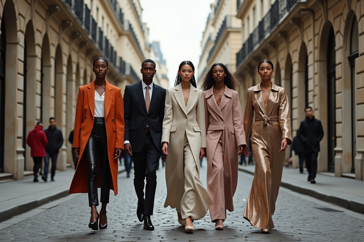 Jeunes mannequins défilant dans une rue parisienne historique