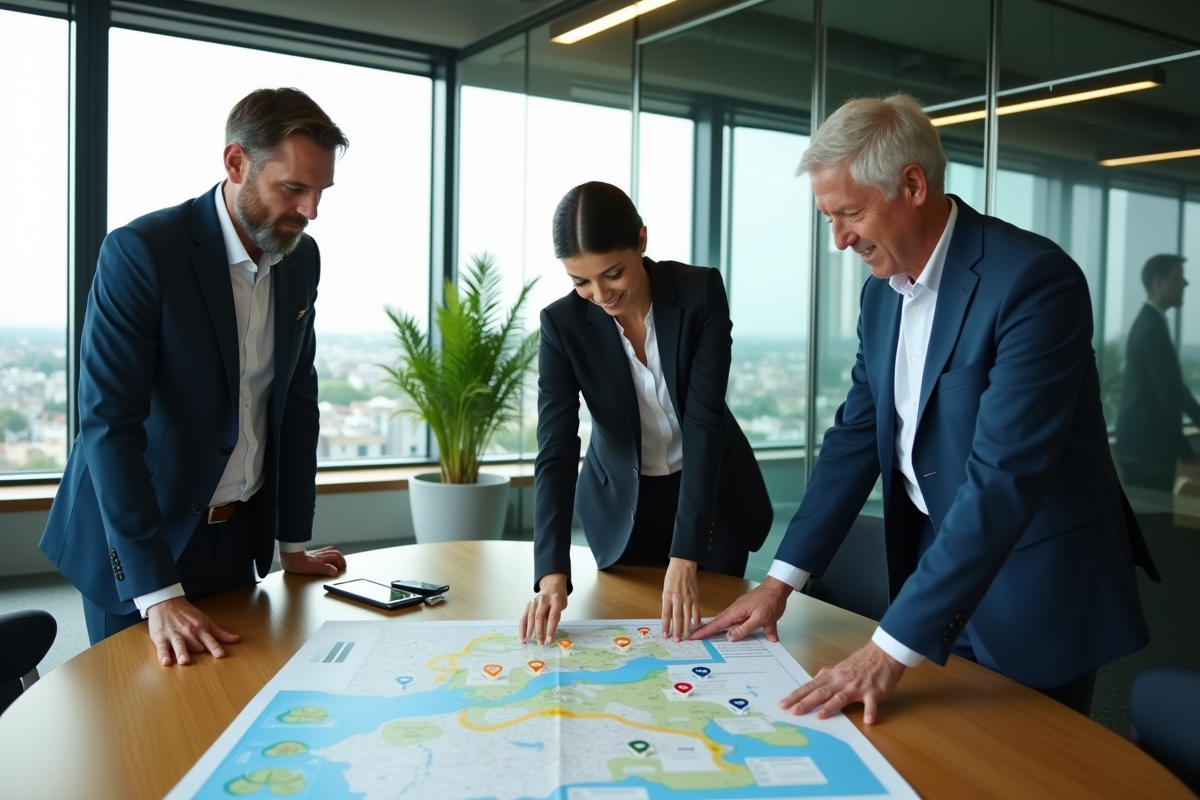 Professionnels analysant une carte de recyclage et énergie