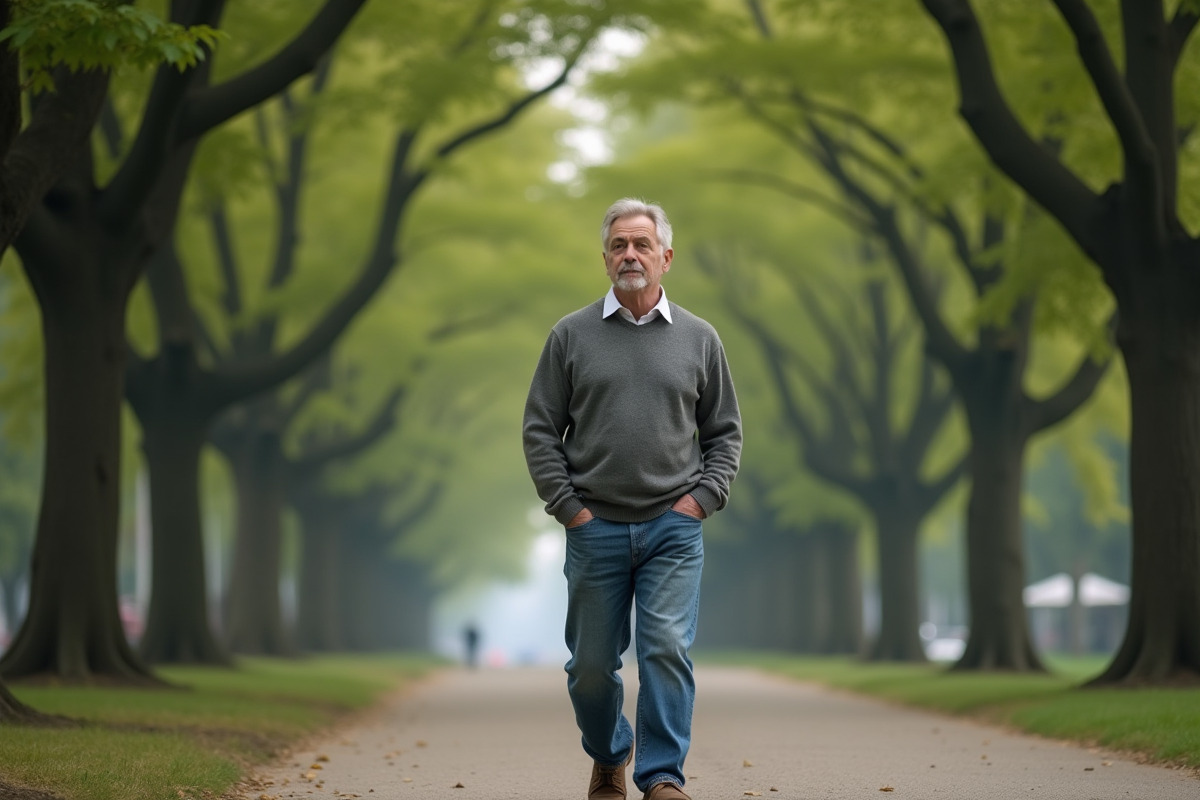 Homme marche dans un parc urbain calme et verdoyant