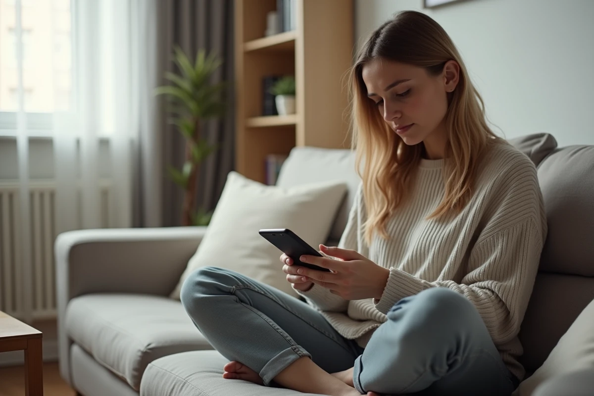Femme analysant ses statistiques de temps de jeu sur smartphone, prenant conscience du temps consacré aux jeux vidéo comme League of Legends