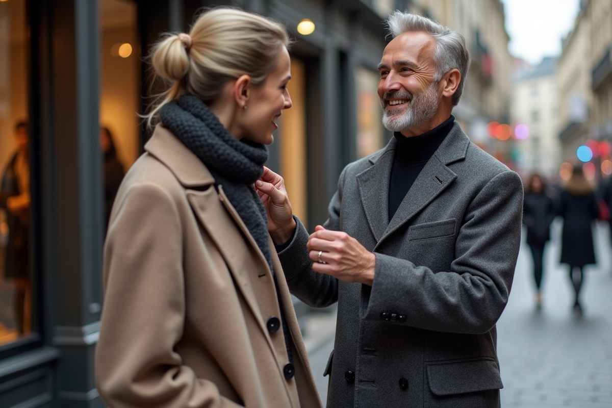 Styliste ajustant un foulard en ville dynamique