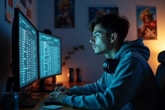 Jeune homme constatant son temps total passé sur League of Legends affiché sur son écran, expression de réflexion face aux heures perdues
