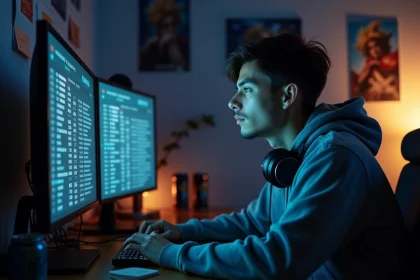 Jeune homme constatant son temps total passé sur League of Legends affiché sur son écran, expression de réflexion face aux heures perdues